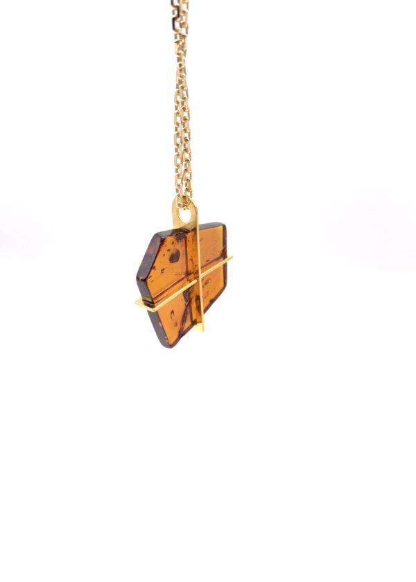 Bernsteinkette gold, Polygon No.5 in Cognac – Bild 6