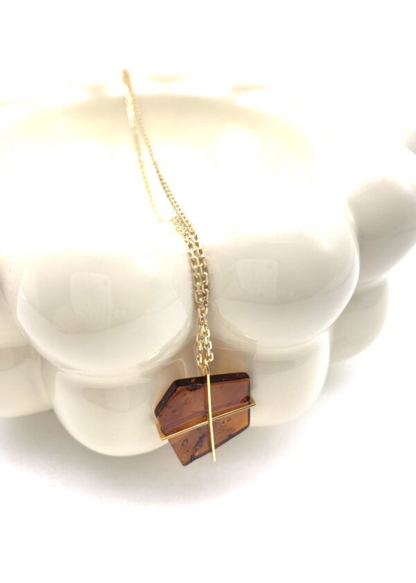 Bernsteinkette gold, Polygon No.5 in Cognac – Bild 7